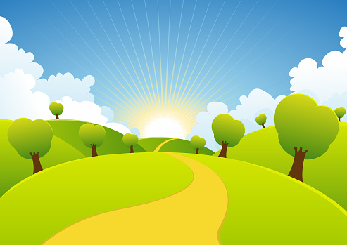 Spring Or Summer Seasons Rural Background Stock Illustration - Download  Image Now - Sunrise - Dawn, Cartoon, Sunbeam - iStock
