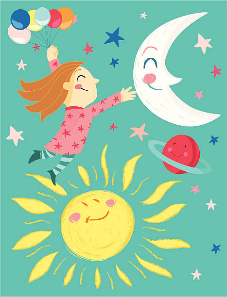 mädchen mit luftballons, mond und sonne und planeten und sterne - sun sky child balloon stock-grafiken, -clipart, -cartoons und -symbole