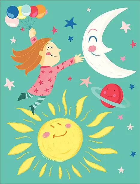 Vector illustration of Girl with ballons, Moon, Sun, Planet and Stars