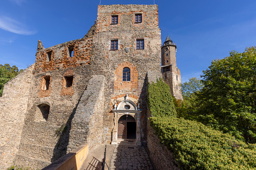 Zagorze Slaskie, Grodno, Poland - October 1, 2021: Medieval Grodno Castle, main gate with decorative portal
