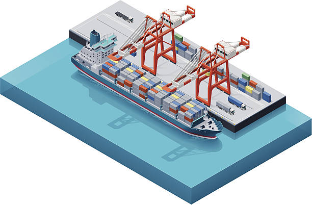 Vector container ship with cranes Detailed generic container vessel unloading in cargo port Harbor stock illustrations