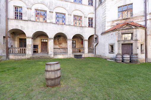 Niemodlin, Opole, Poland - October 2, 2021: Medieval Niemodlin castle, 14th century ducal residence. View of courtyard
