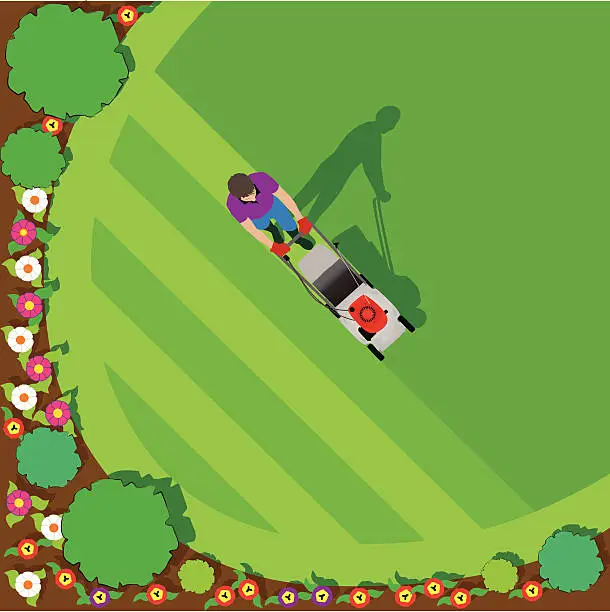 Vector illustration of Mowing the Lawn Round a Flower Bed