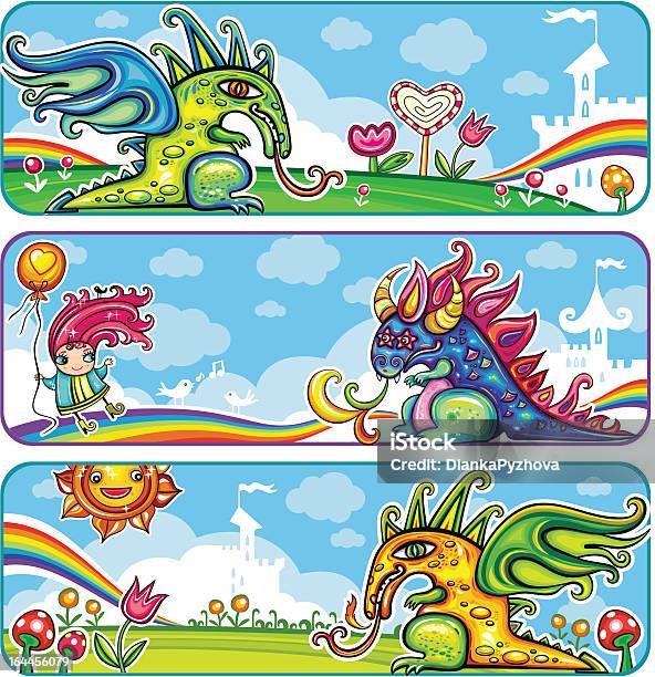 Dragon Bannières De Fées Vecteurs libres de droits et plus d'images vectorielles de Amitié - Amitié, Animal disparu, Arc en ciel