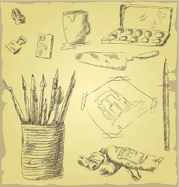 Vector illustration of Art tools and stationery in sketched style