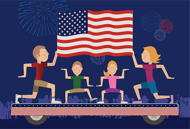 Family on float in 4th of July Parade. "Family of four on a float in a 4th of July parade, doing a funky dance while holding the American Flag. Bystanders watch and fireworks go off in the background against the dark sky." parade float stock illustrations