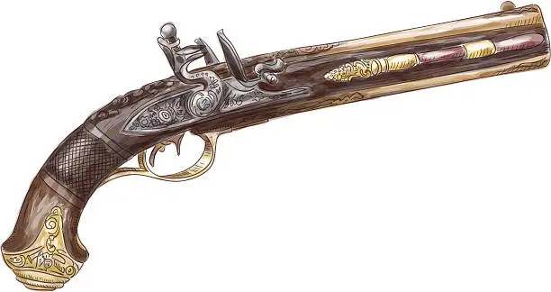 Vector illustration of Dutch two barrel flintlock pistol by Johann Kuchenreiter