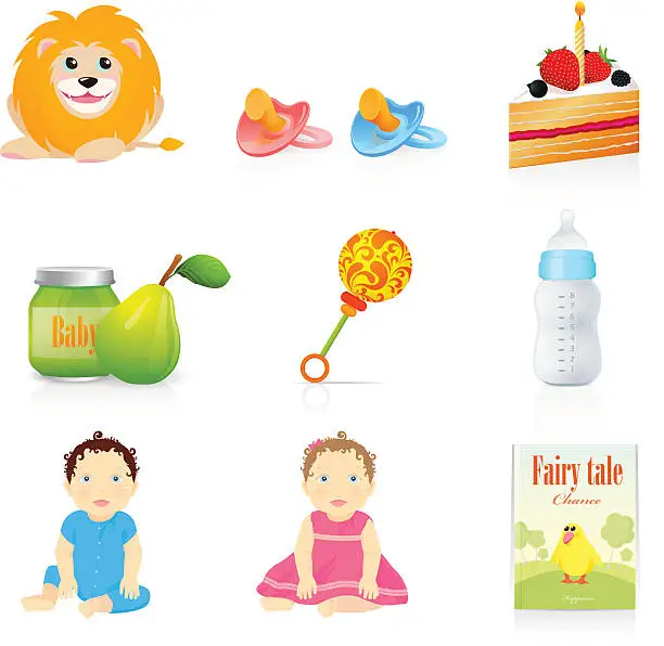 Vector illustration of Isolated Baby (newborn): cake, toy, bottle, boy, girl (Twin). Vector