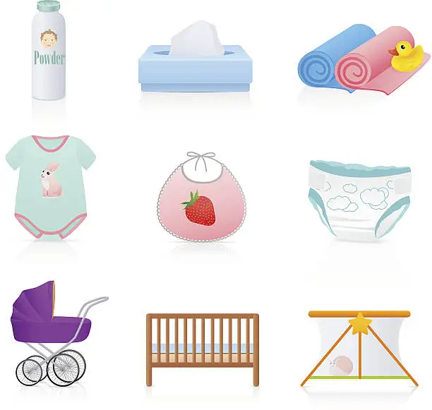 Vector illustration of Baby (Newborn / Little Child) things: diaper, napkins, carriage, towel, playpen