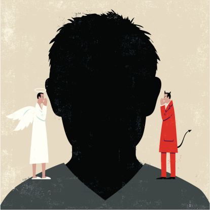 Man in a dilema as the devil and an angel whisper in his ear. The main elements are grouped in separate layers. The texture has itA's own layer. Illustrator eps vector file and jpg file available.