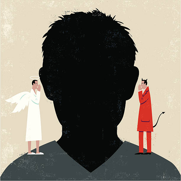 Man's head with devil and angel on shoulders vector art illustration