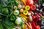 Assortment of various types of vegetables arranged in a rainbow gradient pattern