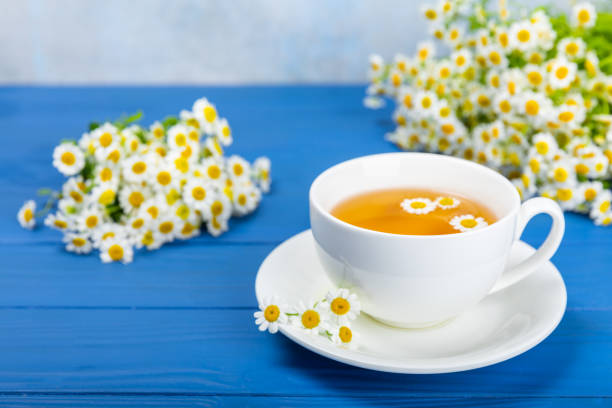 istock Chamomile tea on a  table. Delicious tonic, soothing and relaxing chamomile tea with chamomile flowers, honey and lemon. Herbal tea for immunity. Close-up.Place for text.Copy space. 1644582236