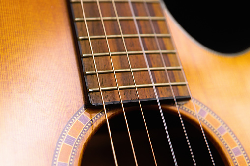 Closeup of an acoustic guitar on brown wood background.