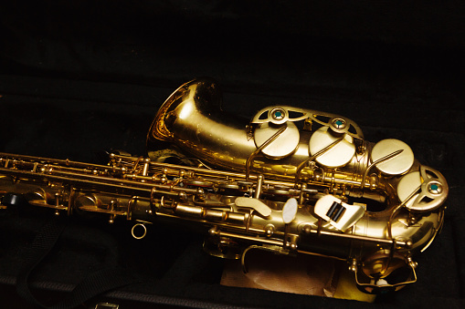 Shiny alto sax in its case.