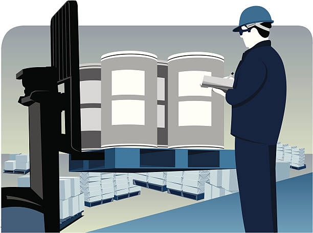 A illustration of a man conducting a quality check Illustration of a warehouse worker checking product. factory worker silhouette stock illustrations