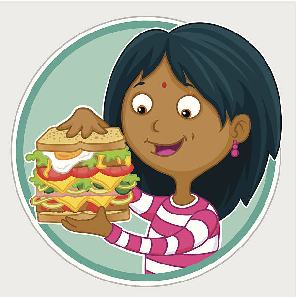 illustrazioni stock, clip art, cartoni animati e icone di tendenza di fame ragazza con un grande panino - food lunch vegetable pattern