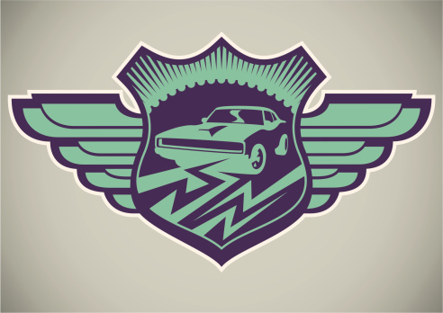 Crest with muscle car. Vector illustration.
