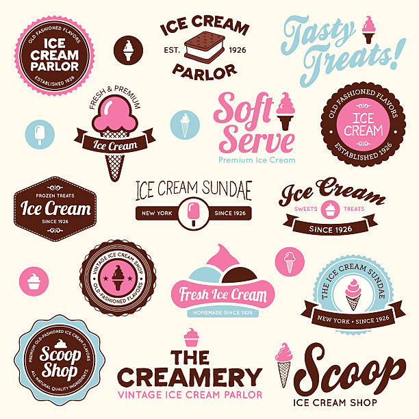 Ice cream shop labels Set of vintage and modern ice cream shop badges and labels. scoop shape stock illustrations