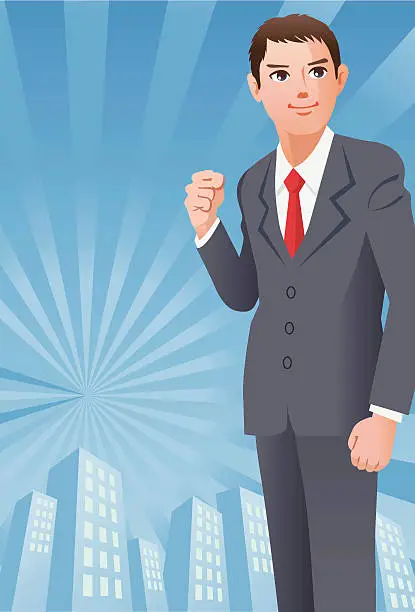 Vector illustration of Businessman with his fist up on the cityscape background