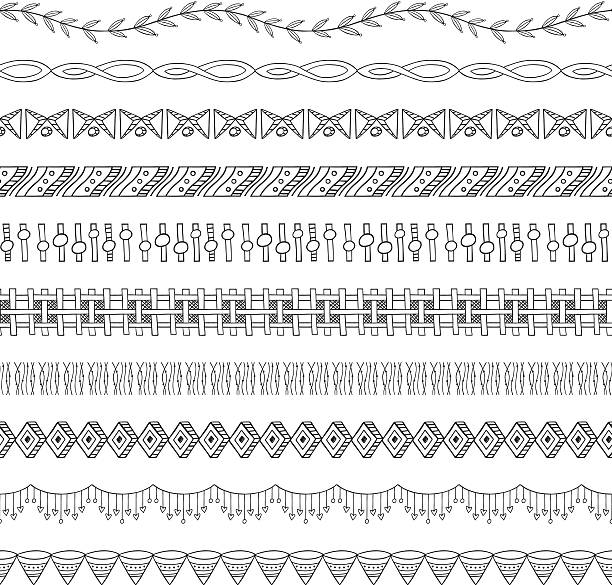 illustrazioni stock, clip art, cartoni animati e icone di tendenza di seamless doodle elementi di confine e telaio due - divider single line striped ornate