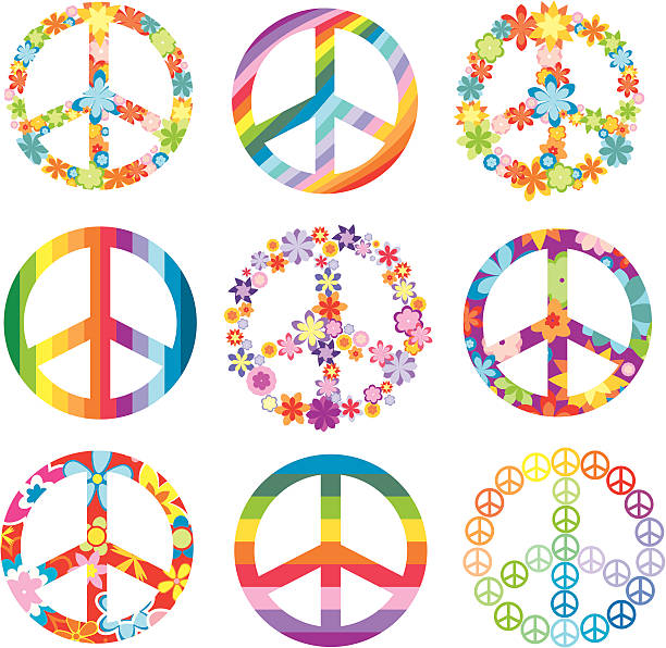 Peace signs in flora and rainbow designs vector art illustration