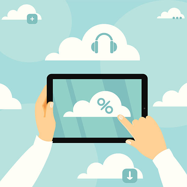 tablet pc: przetwarzanie w chmurze - cloud computing human hand cloud cloudscape stock illustrations