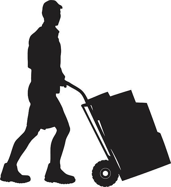 illustrations, cliparts, dessins animés et icônes de silhouette d'un homme poussant le panier de livraison - box white stack white background