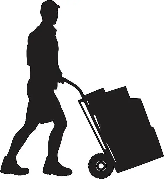 Vector illustration of Silhouette of a delivery man pushing cart