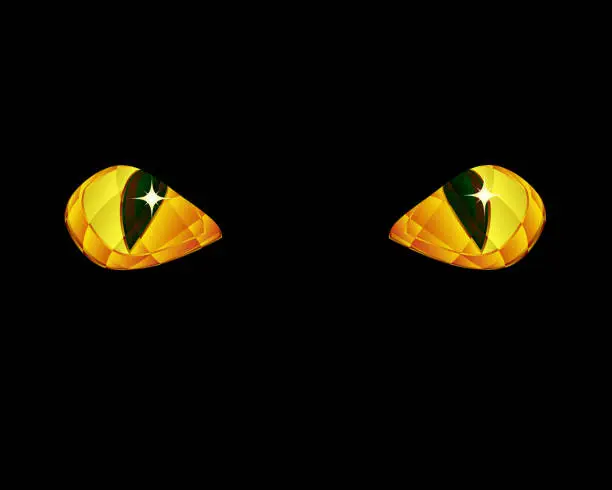 Vector illustration of Stylized drawing of faceted golden cat eyes against black