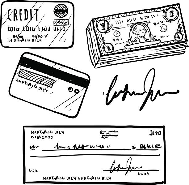 Personal finance objects vector sketch "Doodle style personal finances item set in vector format. Set includes cash, personal check, credit card, and signature. EPS10 file type with no transparency effects." tax drawings stock illustrations