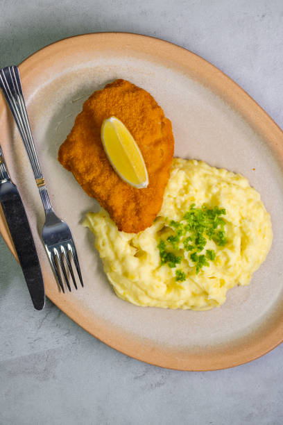 Typical Czech cuisine chicken cutlet with mashed potatoes