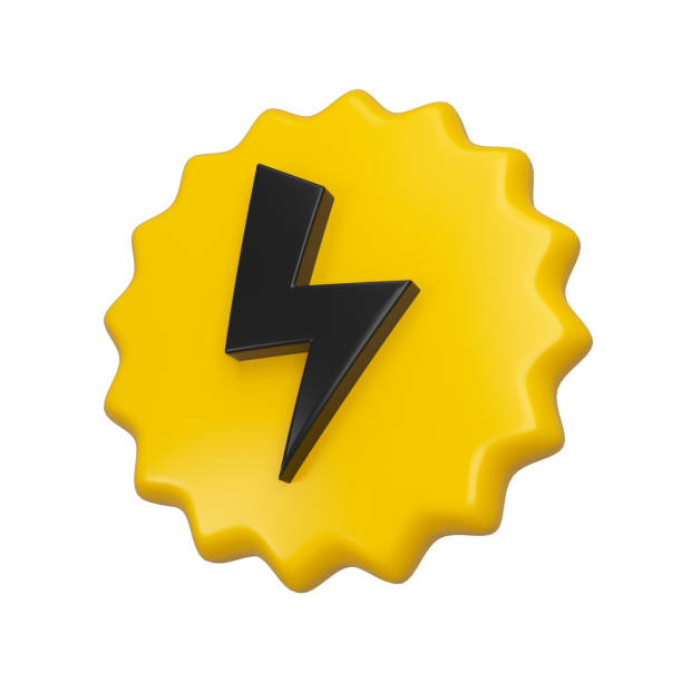 Black flash bolt on emblem. Lightning on offer promotion or power icon isolated. Yellow tag 3d rendering.