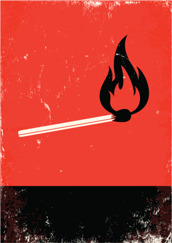 Red and black poster with burning match