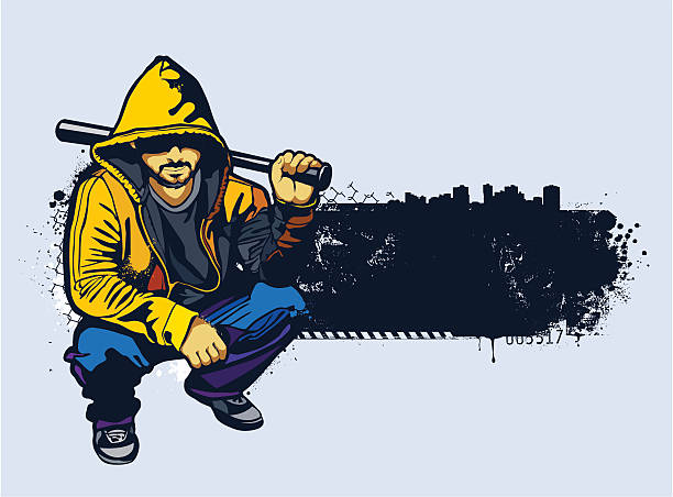 ilustraciones, imágenes clip art, dibujos animados e iconos de stock de joven gangster con basebal bat - hood graffiti urban scene men