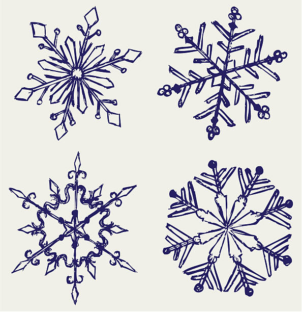Blue ink drawings of a snowflake winter Snowflake winter. Sketch snowflake shape drawings stock illustrations