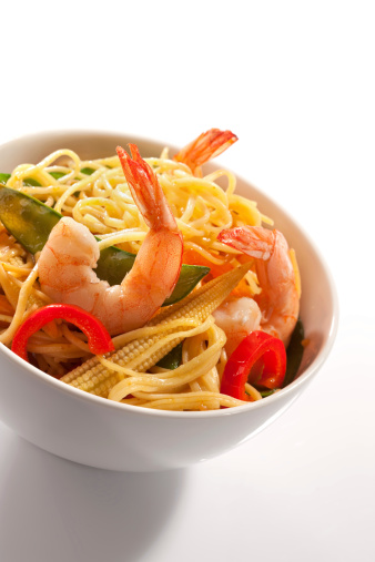 Stir-fried Asian noodles with prawns.