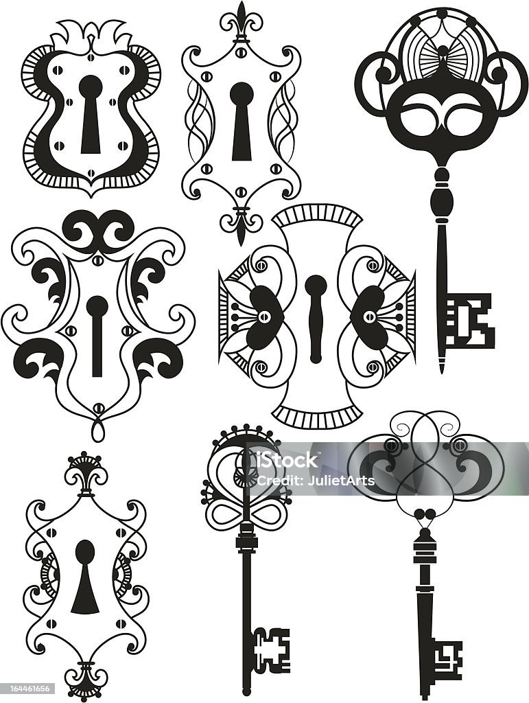 Antique keys and keyholes Set of antique keys and keyholes in retro Victorian style Achievement stock vector