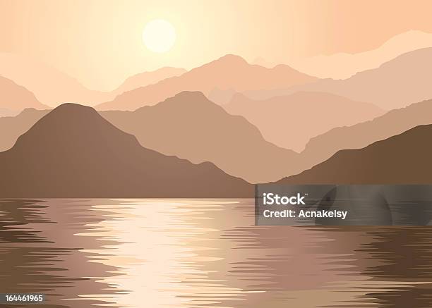 Foggy Góry I Lake - Stockowe grafiki wektorowe i więcej obrazów Wspinaczka skalna - Wspinaczka skalna, Sylwetka, Alpinizm