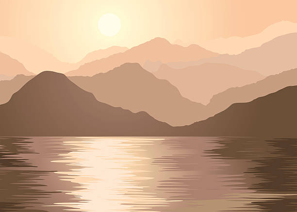 Foggy mountains and lake vector art illustration