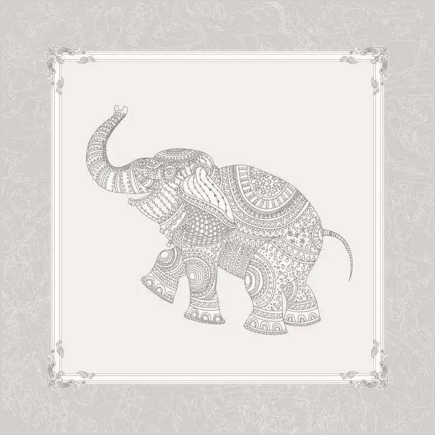 Vector illustration of Vector illustration of white elephant silhouette with grey ethnic tribal ornament with decorative frame on light beige-gray cracked background