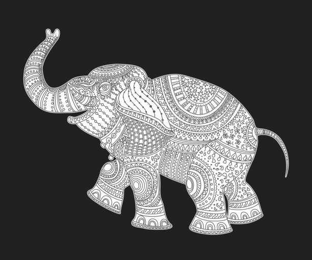 Vector illustration of white elephant silhouette with grey ethnic tribal ornament on black background Vector illustration of white elephant silhouette with grey ethnic tribal ornament on black background spirituality smiling black and white line art stock illustrations