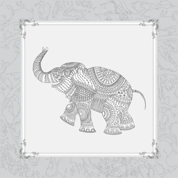 Vector illustration of Vector illustration of white elephant silhouette with grey ethnic tribal ornament with decorative frame on light gray cracked background