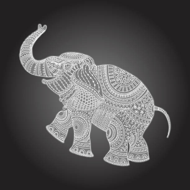 Vector illustration of white elephant silhouette with grey ethnic tribal ornament on black background Vector illustration of white elephant silhouette with grey ethnic tribal ornament on black background spirituality smiling black and white line art stock illustrations