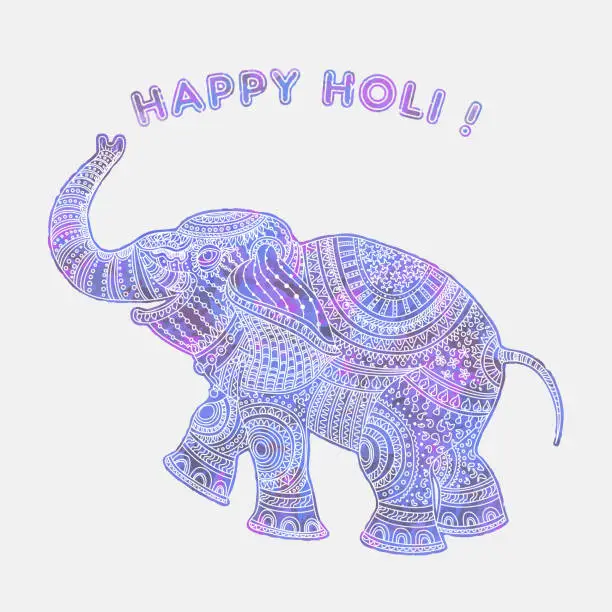 Vector illustration of Vector illustration of pink, purple, blue watercolor painted elephant silhouette with white ethnic tribal ornaments on a grey background