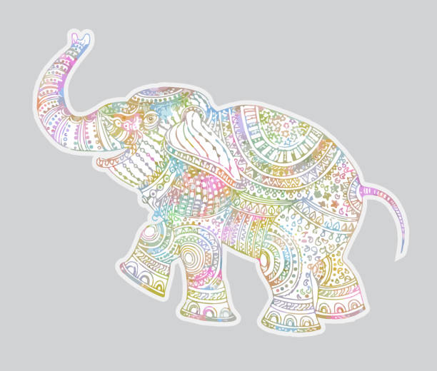 illustrations, cliparts, dessins animés et icônes de illustration vectorielle d’une silhouette d’éléphant peinte à l’aquarelle rose, jaune et bleue avec des ornements tribaux ethniques blancs sur fond gris - backgrounds elephant illustration and painting india