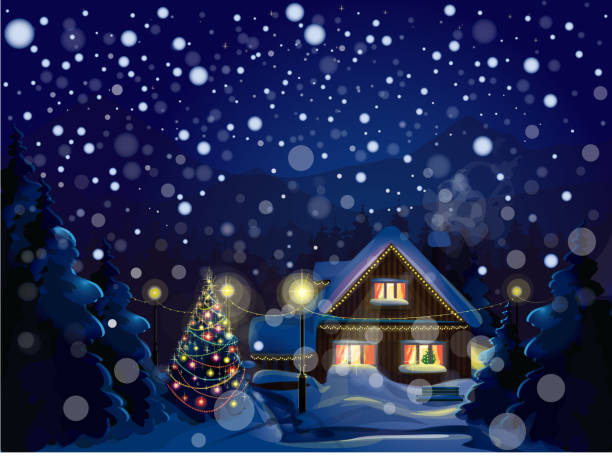 illustrazioni stock, clip art, cartoni animati e icone di tendenza di vettore di paesaggio invernale. merry christmas! - christmas tree christmas blue night