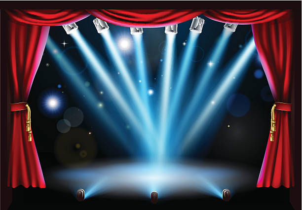 Centre stage background illustration Stage background illustration with blue stage spot lights pointing to the centre of the stage and red curtain frame. Vector file is eps 10 and uses transparency blends and gradient mesh stage curtain stock illustrations