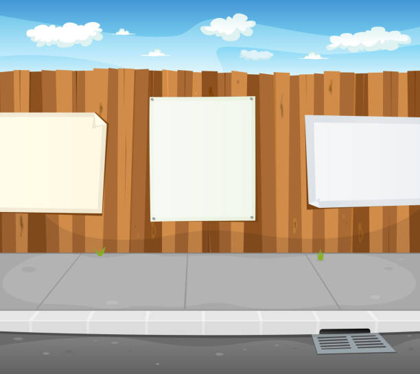 Empty Signs On Urban Wood Fence "Vector illustration of a cartoon urban scene with wood fence and white billboard with copy space for your advertisement. File is EPS10 and uses multiply transparency at 10% for shadow down the fence, and overlay transparency at 10% for smoke cloudscape on sky. Vector eps and high resolution jpeg files included" palisade boundary stock illustrations