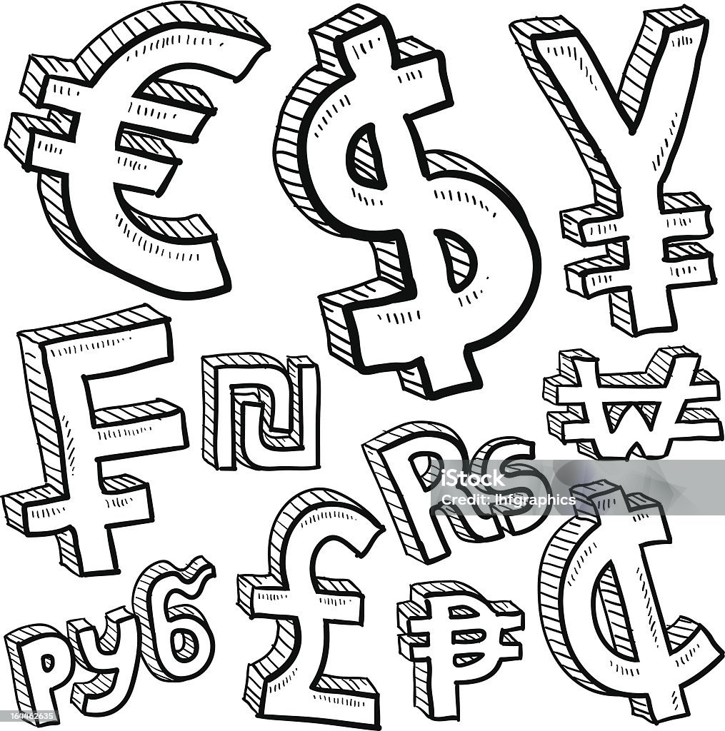 Simbolo di valuta del mondo schizzi - arte vettoriale royalty-free di Banconota di rublo russo